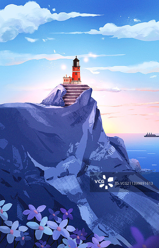 蓝色治愈系手绘插画山峰和灯塔图片素材