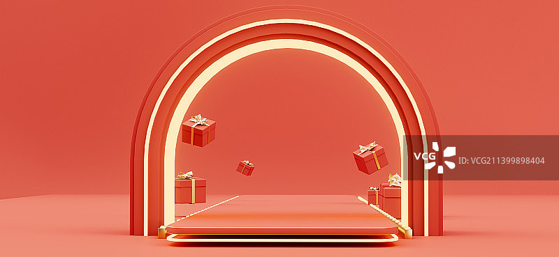 三维渲染红色节日展台国风拱门场景图片素材