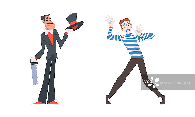 马戏团表演者：用锯子和哑剧表演的魔术师图片素材