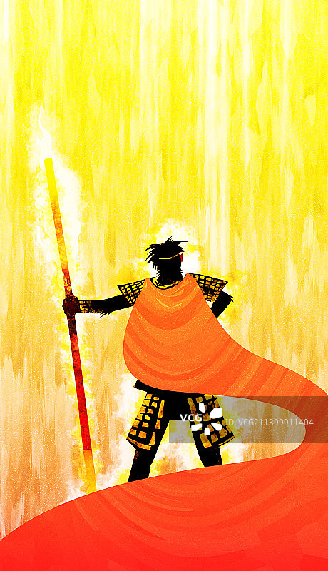 西游记孙悟空一手拿金箍棒一手指天反抗天庭魔幻场景插画图片素材