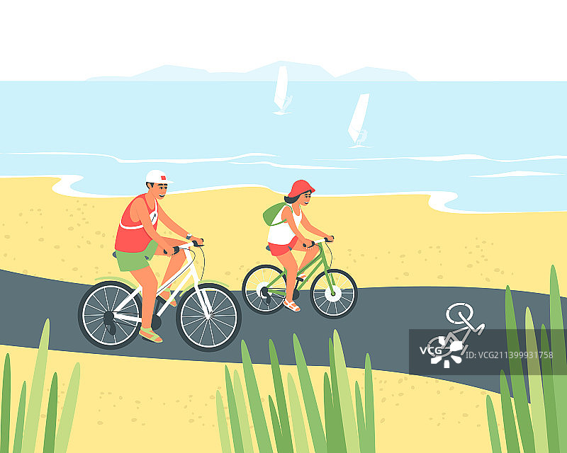 父女沿着自行车道骑自行车图片素材