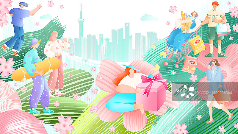 自然万物生长与户外商业消费活动图片素材