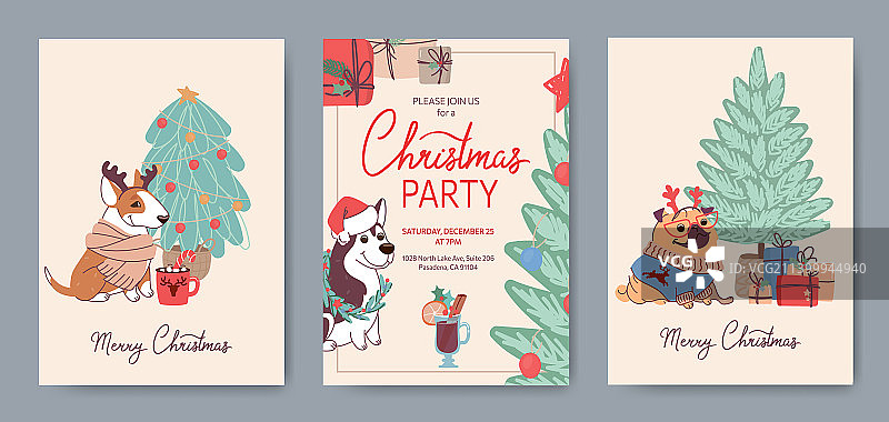 不同品种的可爱狗狗圣诞贺卡套装图片素材