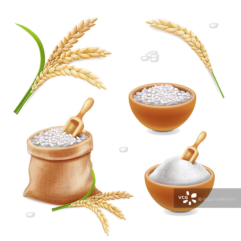 3D稻米袋与谷物稻米面粉图片素材