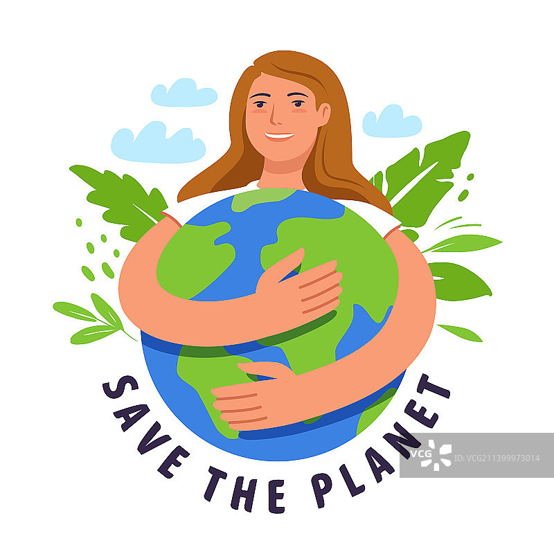 年轻女人拥抱绿色环保的地球图片素材