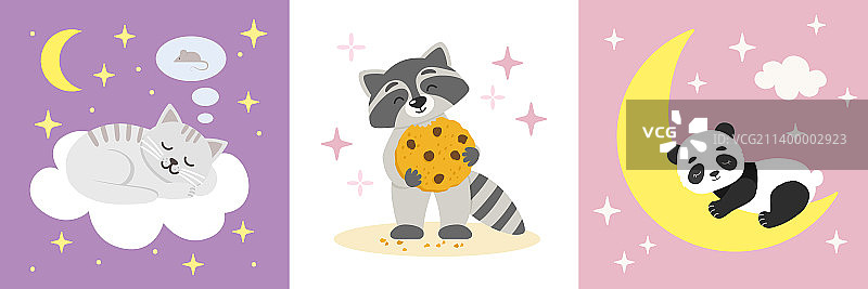 熊猫、浣熊和小猫海报套装图片素材