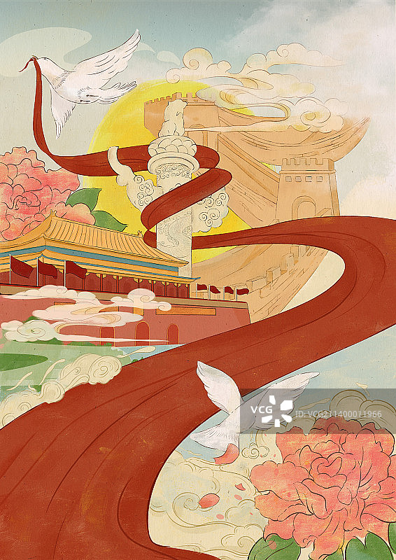 国庆节中国风手绘插画图片素材