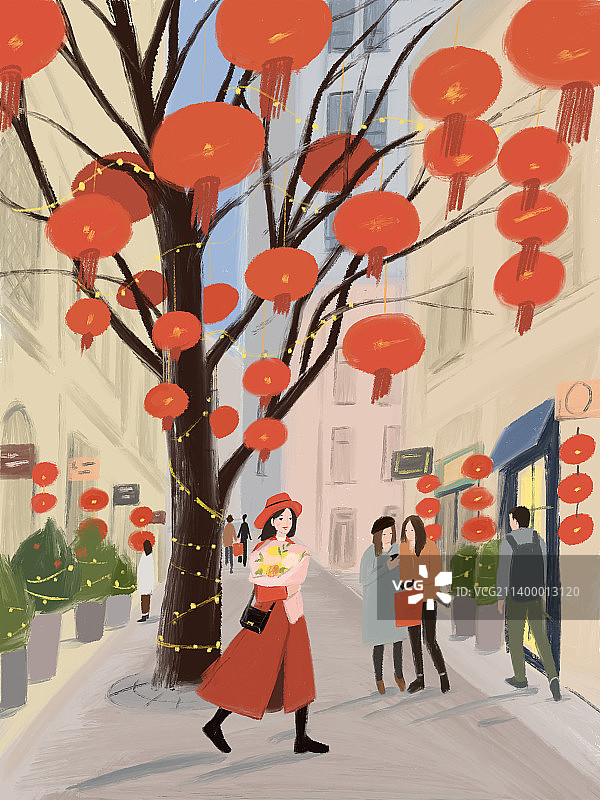 春节插画红灯笼手绘街道元旦新年女孩元宵节红色彩灯插画图片素材
