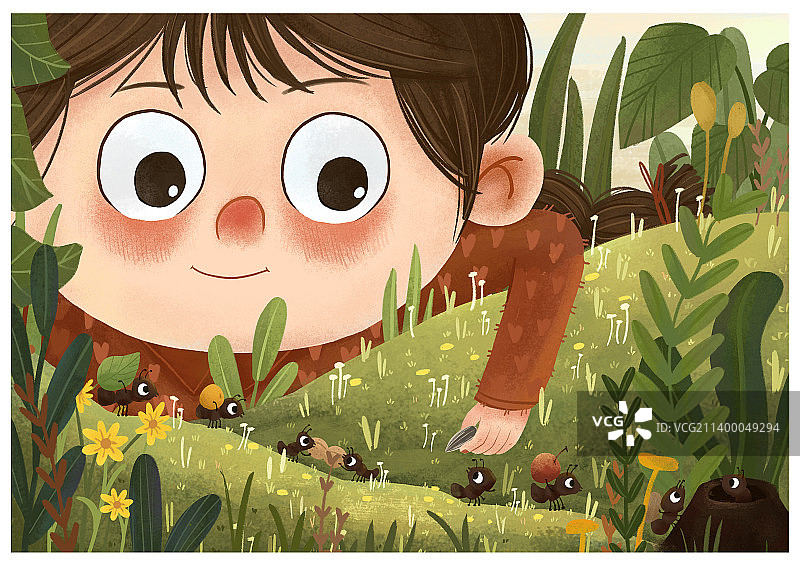 在草地上帮蚂蚁搬家的小女孩图片素材