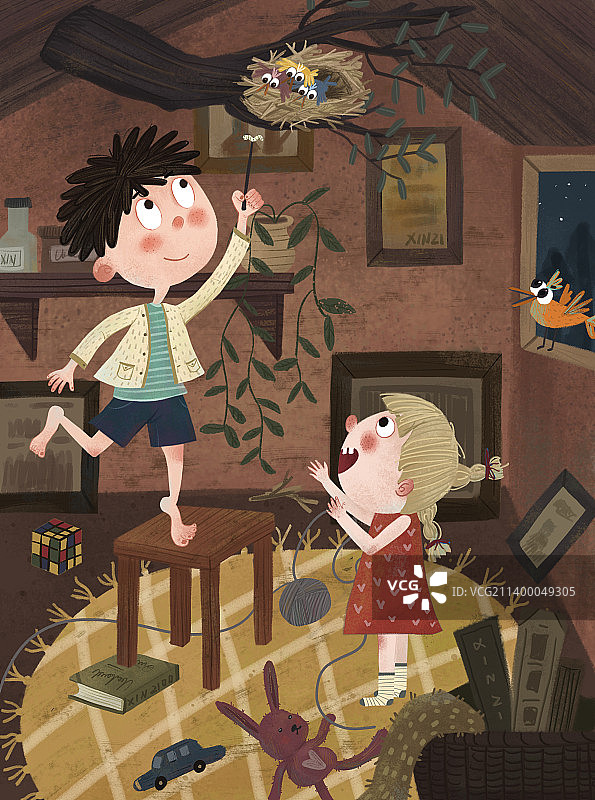 男孩和女孩在房子里喂小鸟图片素材