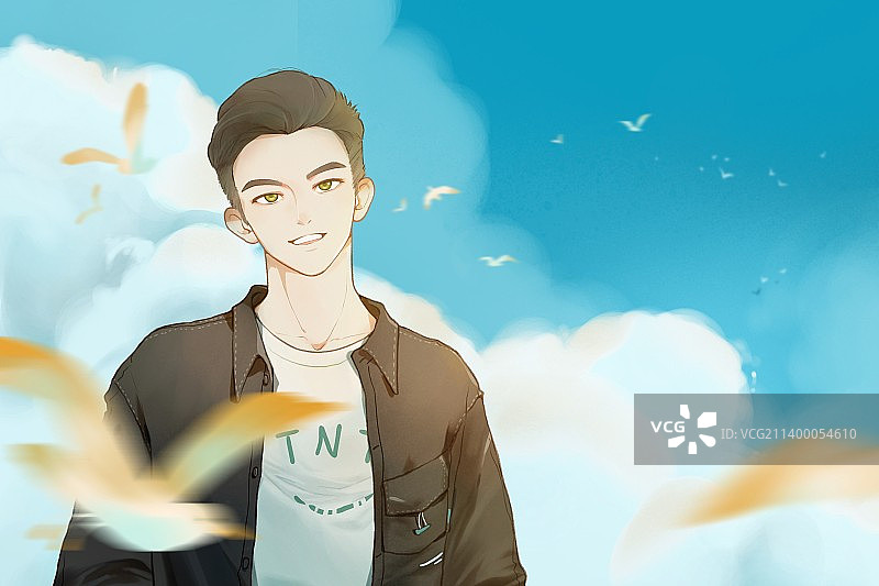 插画蓝天白云下的海鸟和大男孩图片素材