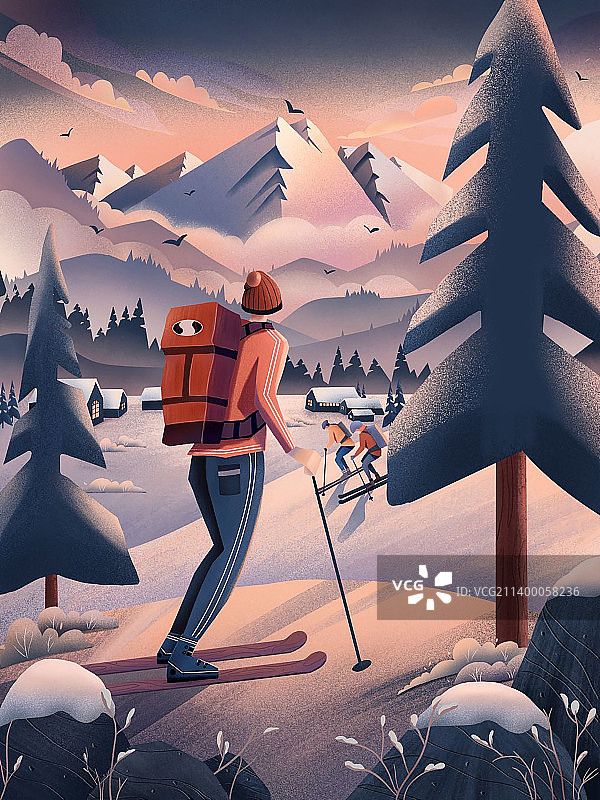 几何扁平风格雪山风景噪点插画图片素材