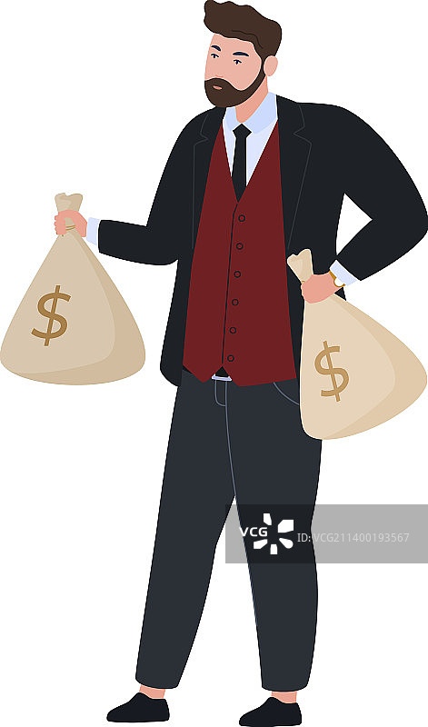 手提装满现金袋子的富有商人图片素材