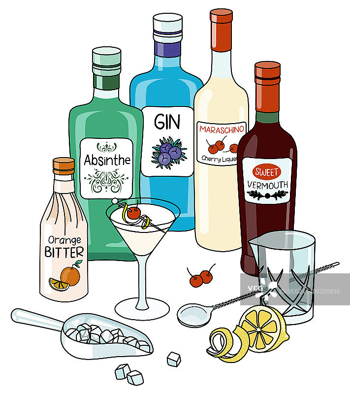 涂鸦卡通燕尾服鸡尾酒和配料图片素材