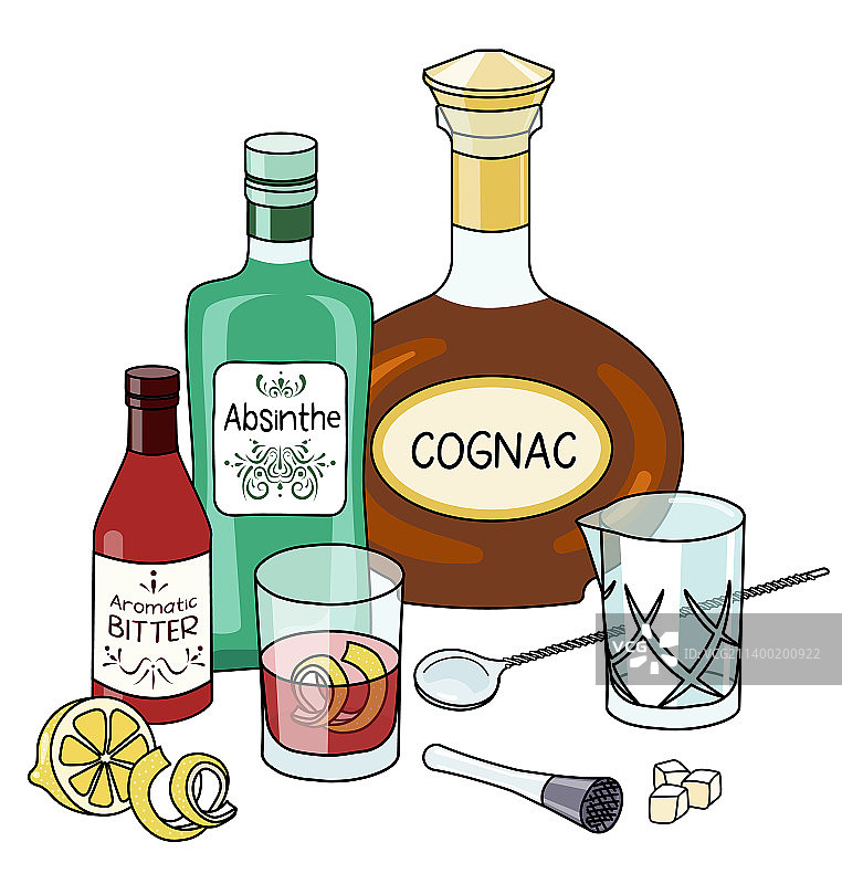 手绘涂鸦风格萨泽拉克鸡尾酒图片素材