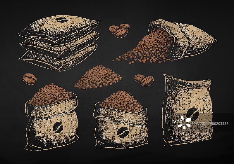 咖啡豆麻袋粉笔画图片素材