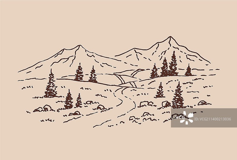 手绘山路景观岩石山峰图片素材