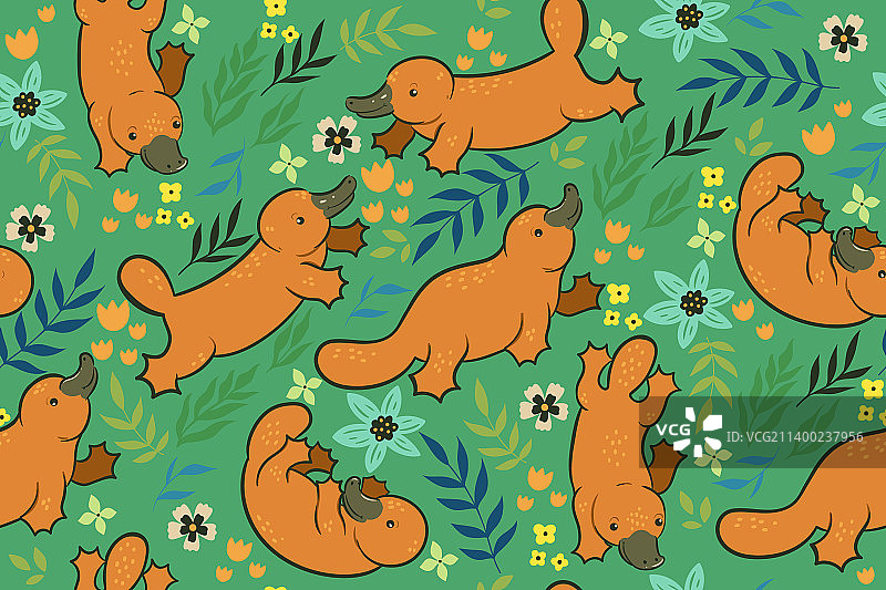 可爱鸭嘴兽游泳无缝图案图片素材