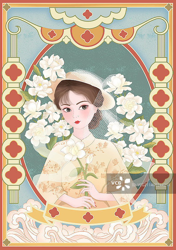 民国风栀子花美人插画图片素材