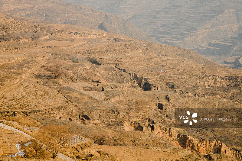 冬季枯黄的黄土高原上山坡上的田地与村庄图片素材