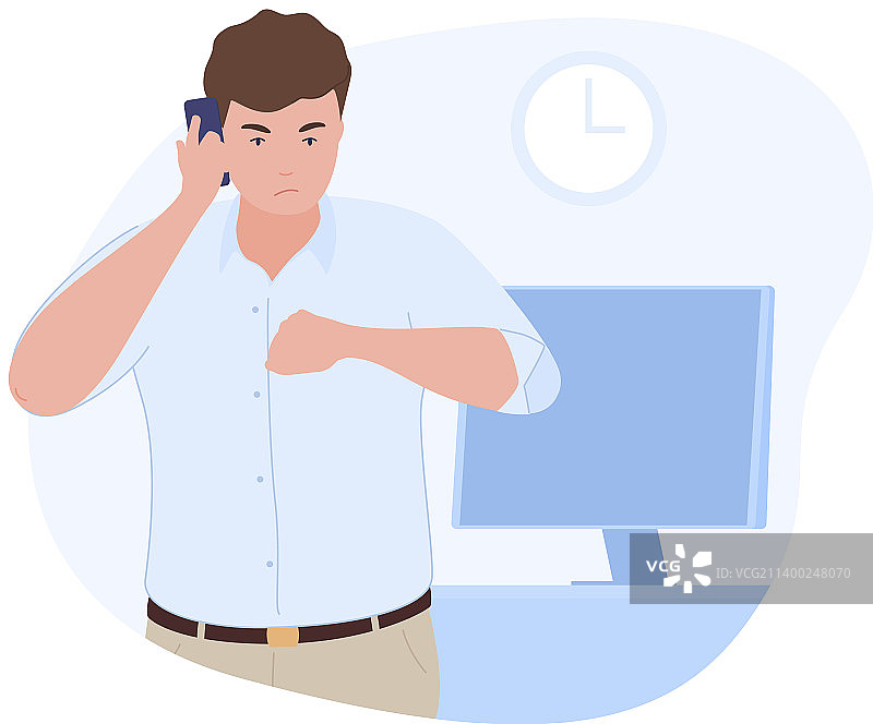 男办公室工作人员在工作场所用智能手机交谈图片素材