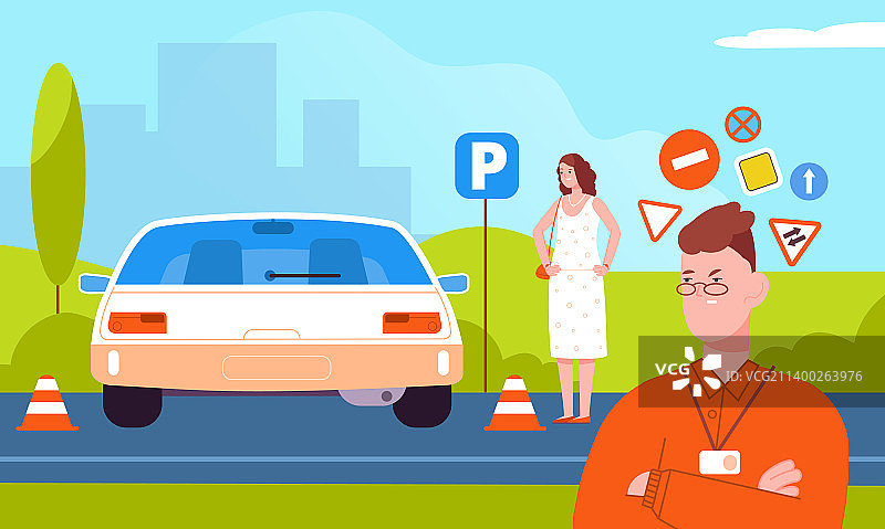 恼火的汽车教练与心烦的学员图片素材