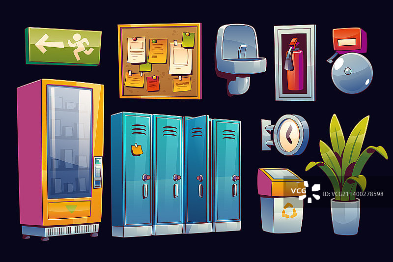 学校走廊场景：储物柜、闹钟和时钟图片素材