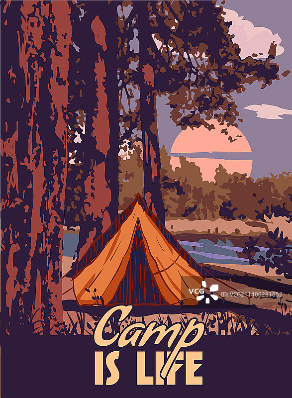 复古露营海报，户外旅行生活图片素材