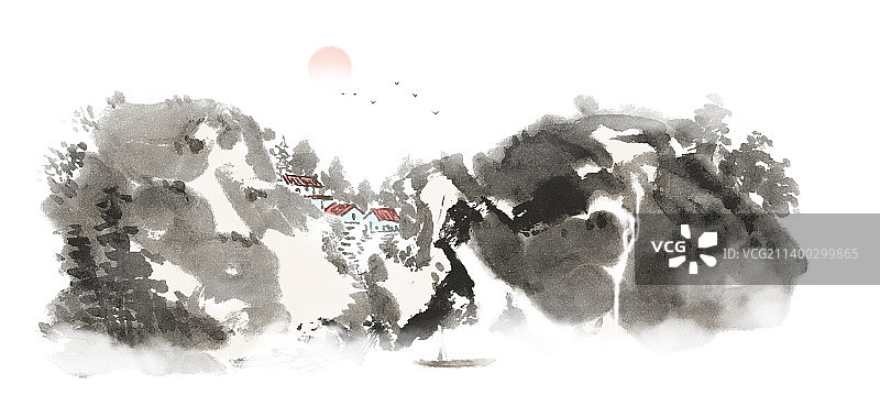 水墨中国画山村清晨雾气弥漫的风景图片素材