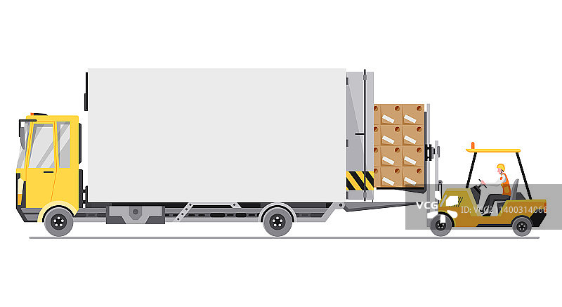 叉车将托盘箱装入卡车侧面图片素材