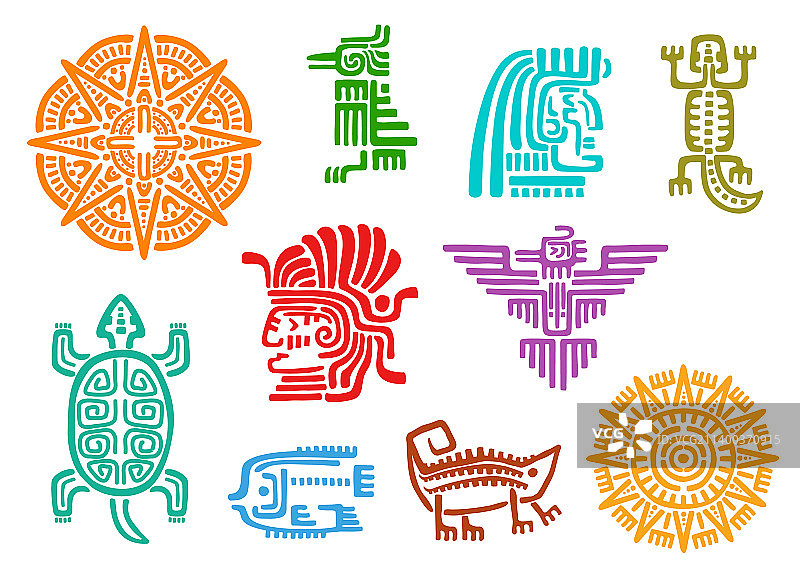 玛雅阿兹特克图腾：动物、鸟和太阳神图片素材