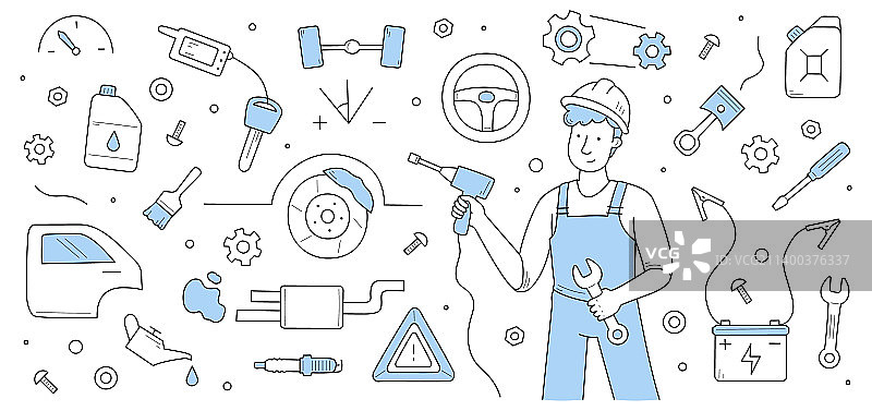 汽车服务涂鸦概念机械师车库图片素材