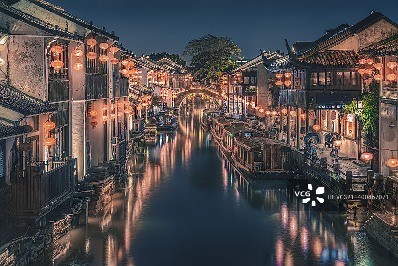 江苏省苏州山塘街夜景城市风光图片素材