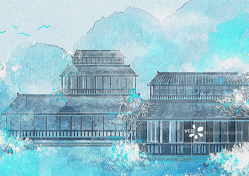 蓝色水彩建筑图片素材