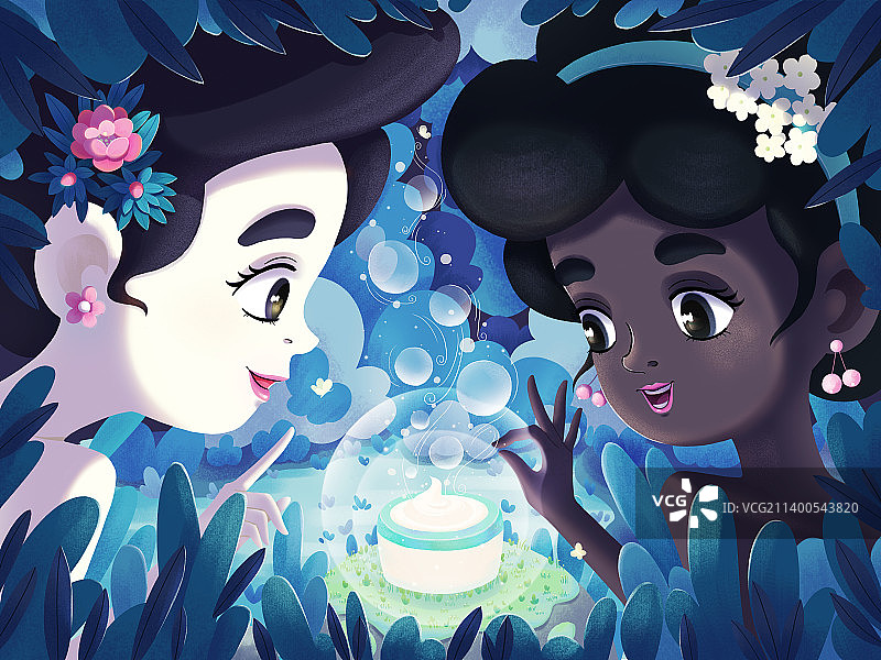 森林中两个女孩发现了神奇的美妆产品图片素材