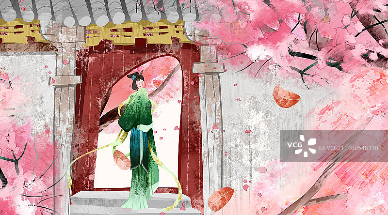 成语典故-人面桃花插画图片素材