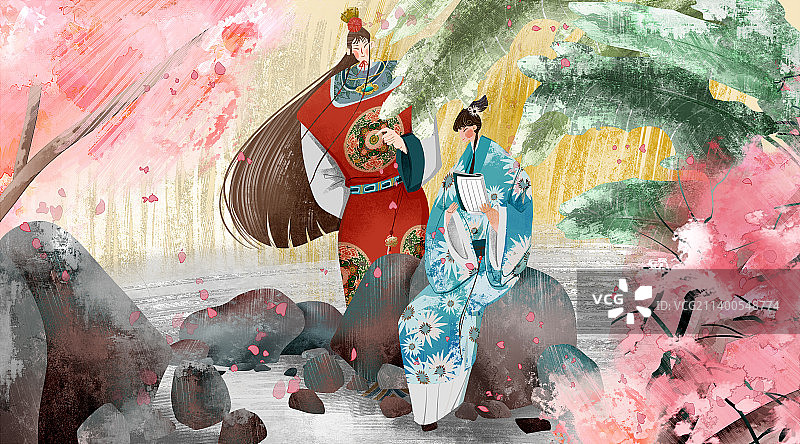 红楼梦林黛玉与贾宝玉插画图片素材