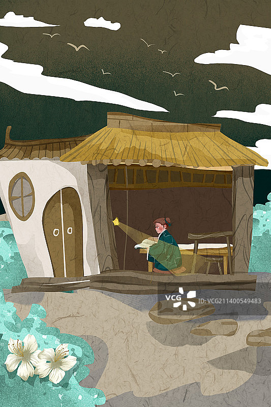 成语典故-凿壁偷光插画图片素材