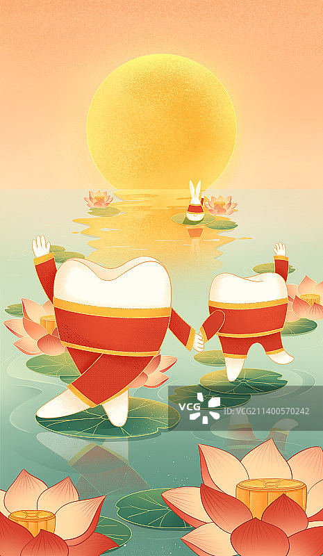 中秋牙齿拟人手拉手圆月插画图片素材