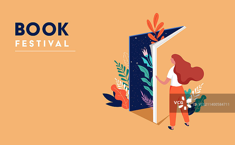 书籍节概念年轻女性打开一本巨大的书图片素材