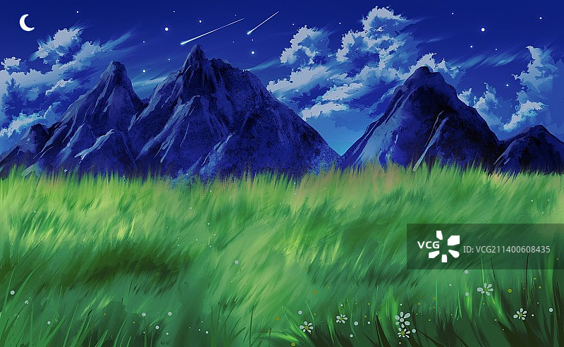 仲夏夜晚的草丛山脉风景图片素材