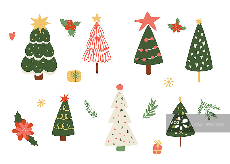 可爱的卡通风格圣诞树套装图片素材