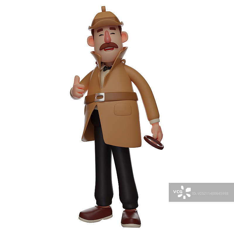 竖大拇指的3D侦探卡通角色图片素材