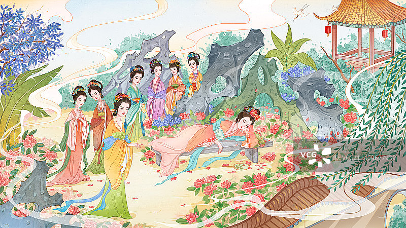 中国风红楼梦之憨湘云醉卧芍药插画图片素材