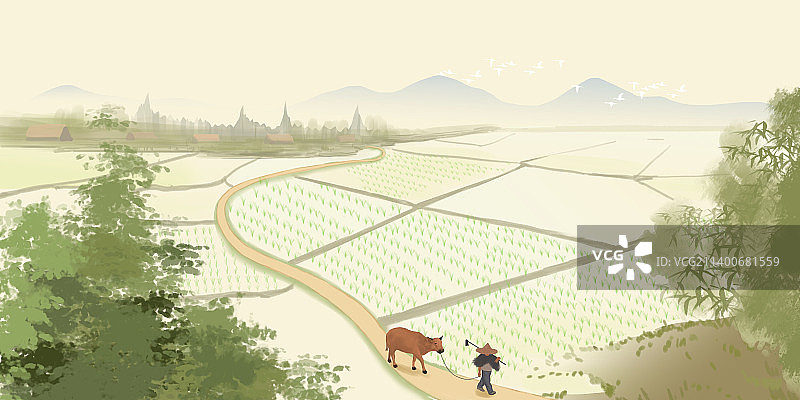 中国风新中式古风古典传统中国画山水画田园风光风景插画图片素材