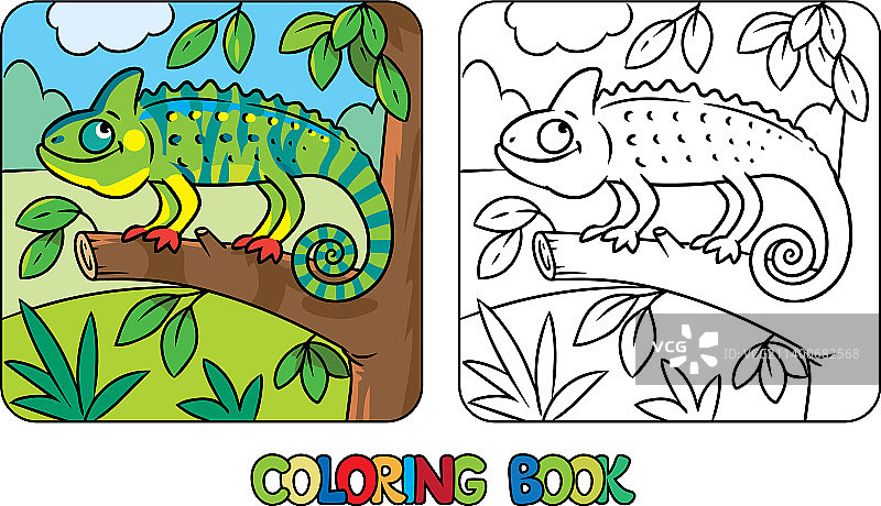 树枝上的滑稽变色龙儿童涂色书图片素材