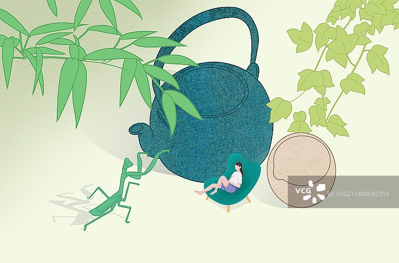 小清新午后休憩休息女孩躺户外慵懒晒太阳创意插画图片素材