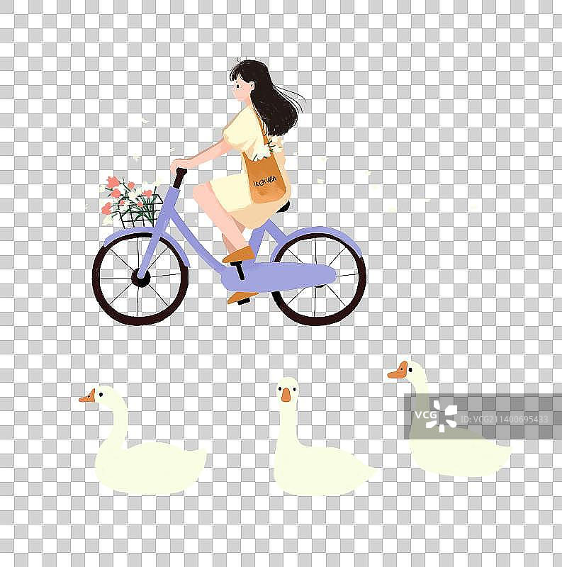清新治愈系插画骑自行车的女孩和鸭子图片素材