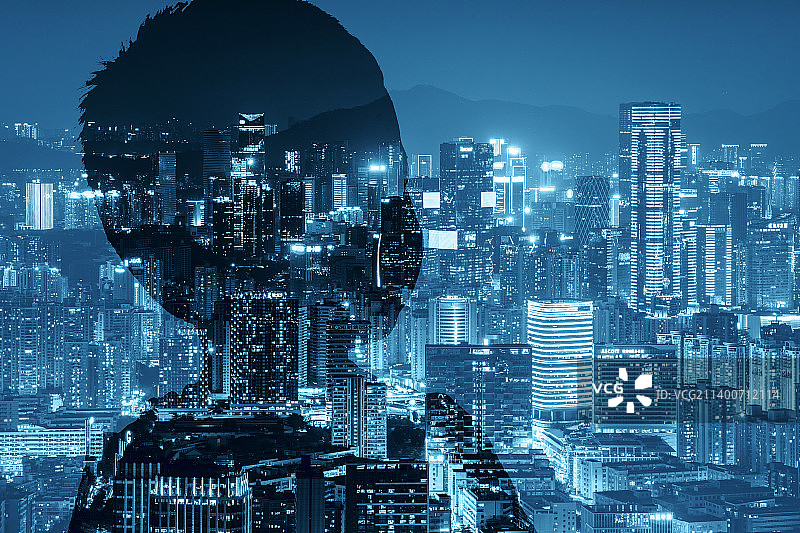 儿童大脑与深圳现代建筑夜景合成创意图图片素材