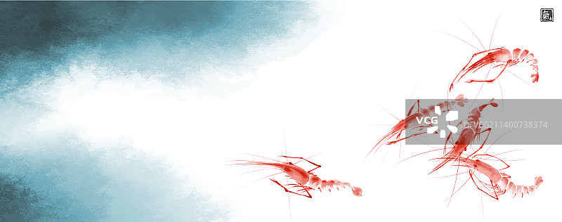 蓝色水中的红色虾水墨画图片素材